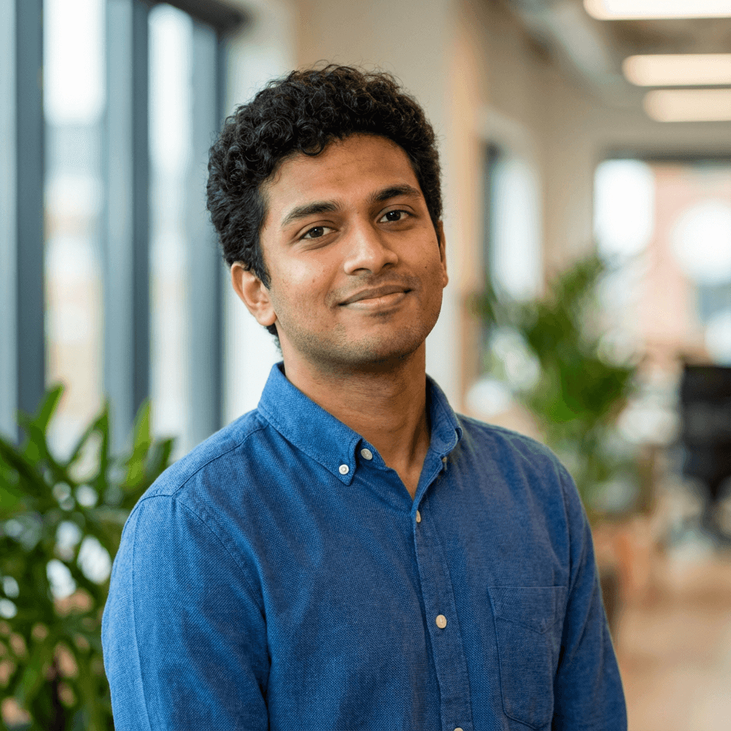 Male software developer in his late 20s, South Asian, focused and competent style
