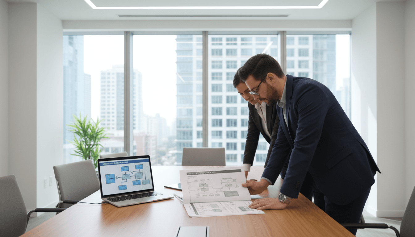 Team reviewing a software specification document in a bright office