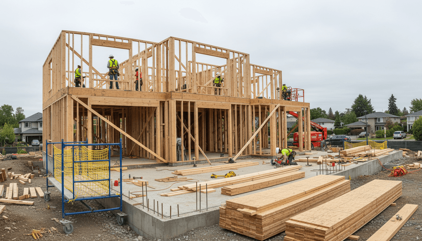 Residential construction site with timber frame and scaffolding