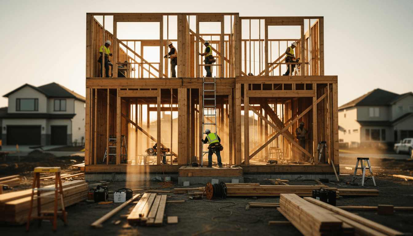 Contractor reviewing blueprints at a residential construction site in Colchester