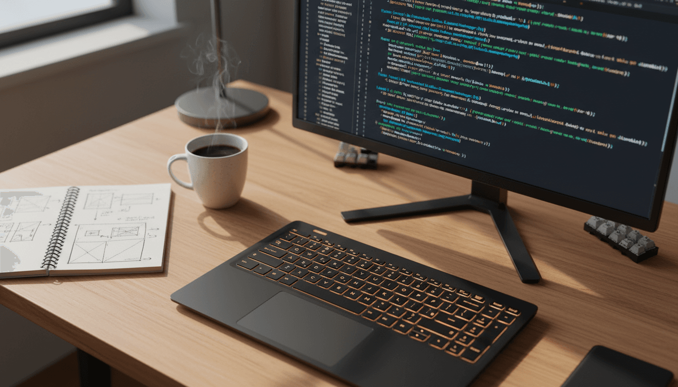 Software development workspace with code on a laptop screen